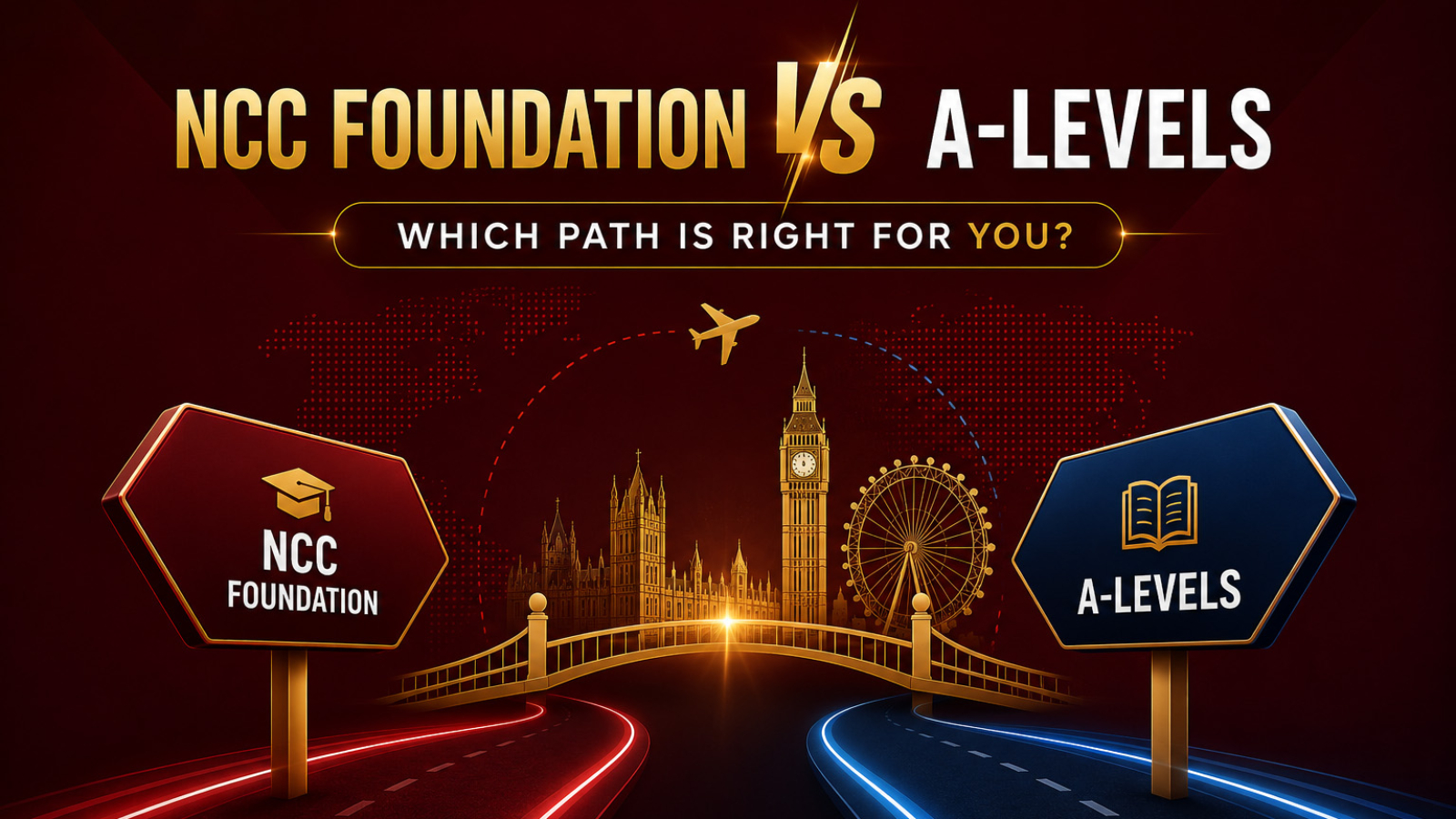 Graphic comparing NCC Foundation and A-Levels as pathways to studying in the UK. The design shows two roads leading towards London landmarks, with NCC Foundation on the left and A-Levels on the right, and the heading ‘Which path is right for you?’