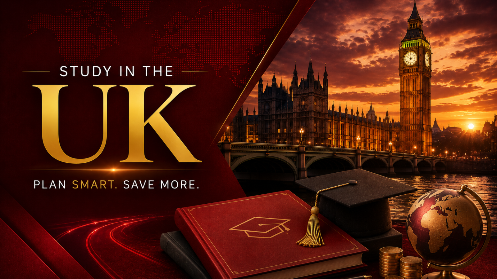 Study in the UK for 3 years without breaking the bank, featuring Big Ben and the Houses of Parliament in London, a graduation cap, academic books, a globe, and coins representing affordable UK education.